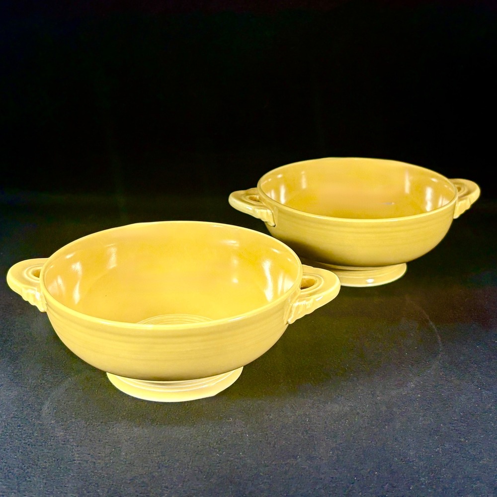 Fiesta Cream Soup Cups‎ / Bowls (2) Yellow w/ Lug Handles 6 5/8" Vtg 1936-1959